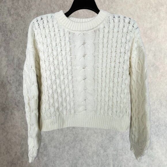 Moon+Madison Womens Cropped Sweater Size L Ivory Crew Neck Chunky Knit Pullover - Picture 1 of 12